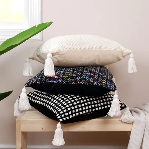 Nordic Jacquard Throw Pillow Cover With Tassels Boho Geometric Grid Cushion Cover For Living Room Sofa Home Decor