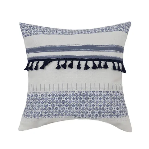 Blue And White Porcelain Geometric Jacquard Cotton Linen Pillowcase Nordic Tassel Cushion Cover For Sofa Living Room