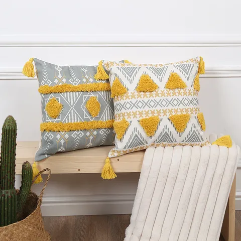 Bohemian Geometric Tufted Throw Pillow Cover With Tassels Polyester Decorative Cushion Case For Sofa Home Decor