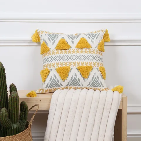 Bohemian Geometric Tufted Throw Pillow Cover With Tassels Polyester Decorative Cushion Case For Sofa Home Decor