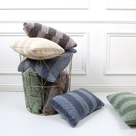 Nordic Striped Throw Pillow Cover Curly Fleece Cushion Cover Decorative Soft Square Pillowcase For Sofa Bed Home Decor