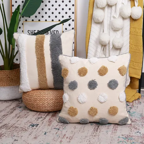 Moroccan Tufted Throw Pillow Cover Geometric Stripe Polka Dot Cushion Case Cotton Blend Decorative Pillowcase