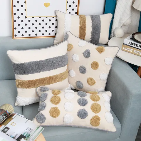 Moroccan Tufted Throw Pillow Cover Geometric Stripe Polka Dot Cushion Case Cotton Blend Decorative Pillowcase