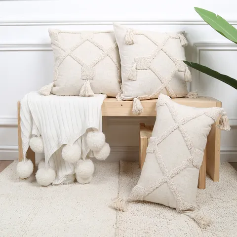 Σκανδιναβικό Στυλ Ins Γεωμετρικό Tufted Κάλυμμα Μαξιλαριού Μαροκινες Φούντες Διακοσμητικό Μαξιλαροθήκη για Καναπέ Κρεβάτι Σαλόνι Διακόσμηση Σπιτιού
