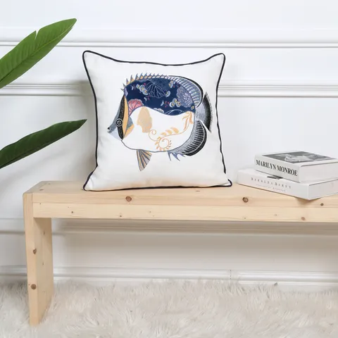 Cojín Decorativo con Bordado de Peces de Animales Marinos Estilo Dibujos Animados para Sala de Estar y Habitación Infantil