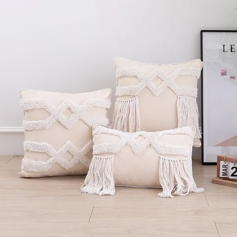 Geometric Tufted Cushion Cover Cotton Linen Nordic Tassel Pillowcase Decorative Pillow Cover For Home Living Room Sofa