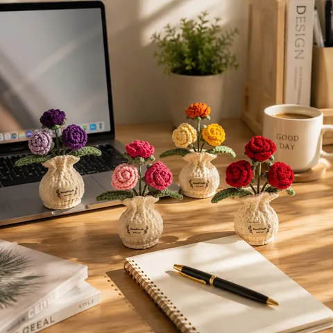 Flores Artificiales en Maceta de Ganchillo Hechas a Mano Rosa Tulipán de Punto Planta en Maceta Miniatura Adorno de Escritorio Regalo Hogar Oficina