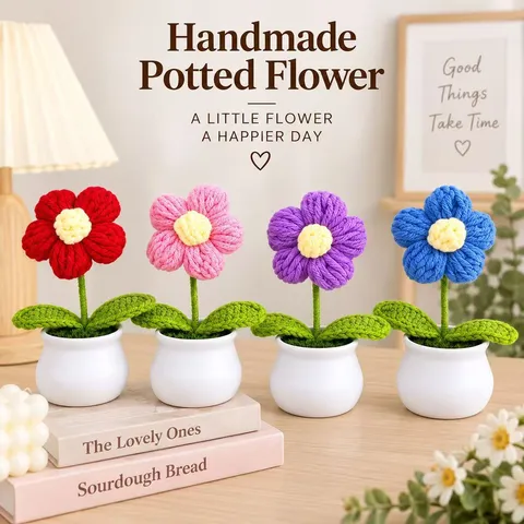 Handmade Knitted Puff Flower Potted Plant Small Crochet Rose Desktop Ornament For Home Office Decor Gift