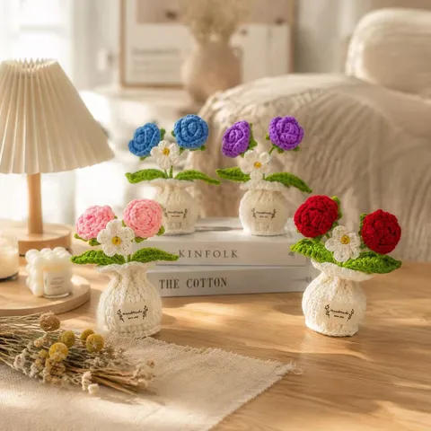 Planta de Maceta de Rosa de Ganchillo Hecha a Mano Flor de Punto Girasol Tulipán Clavel Adorno para Decoración Escritorio Regalo Festivo