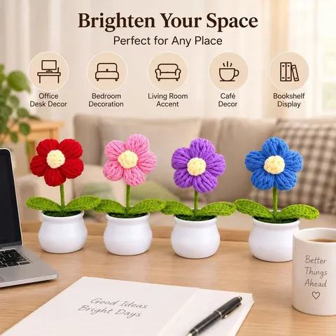 Handmade Knitted Puff Flower Potted Plant Small Crochet Rose Desktop Ornament For Home Office Decor Gift