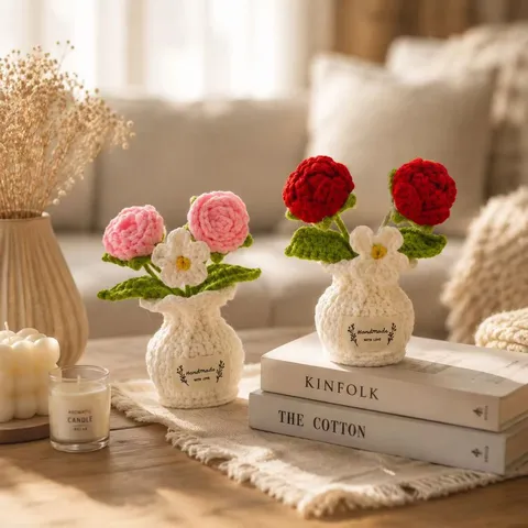 Planta de Maceta de Rosa de Ganchillo Hecha a Mano Flor de Punto Girasol Tulipán Clavel Adorno para Decoración Escritorio Regalo Festivo