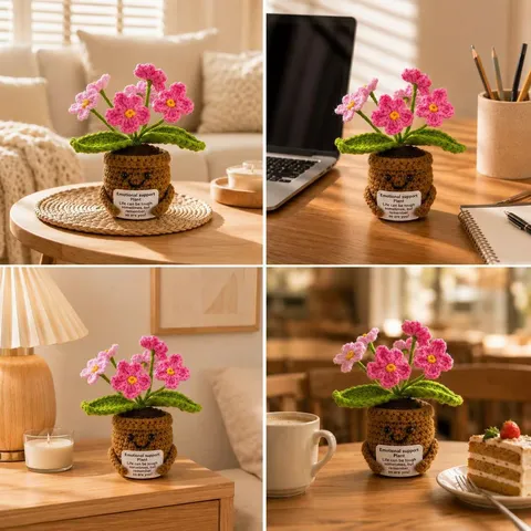 Adorno de Planta Tejido a Mano Lindo Crochet Soporte Emocional Flor en Maceta Decoración de Escritorio Con Tarjeta Regalo