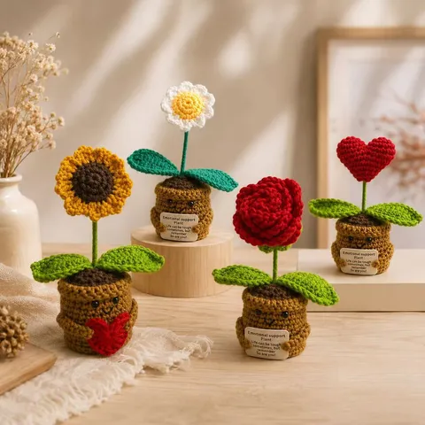 Adorno de Maceta de Flores de Apoyo Emocional Hecho a Mano a Ganchillo Con Tarjeta Mensaje Positivo Rosa Tejida Girasol Decoración de Escritorio Regalo Mujer