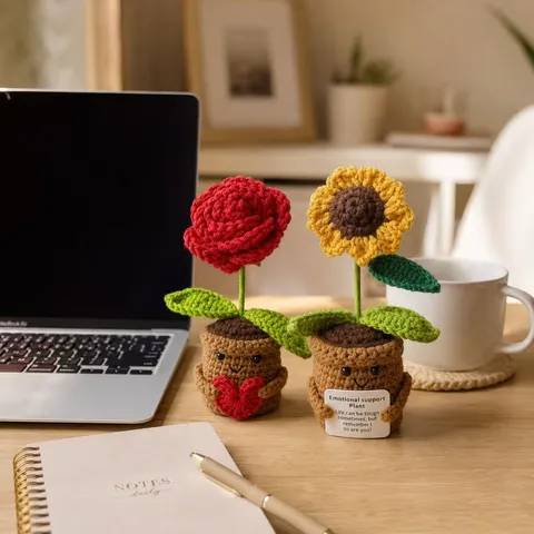 Adorno de Maceta de Flores de Apoyo Emocional Hecho a Mano a Ganchillo Con Tarjeta Mensaje Positivo Rosa Tejida Girasol Decoración de Escritorio Regalo Mujer