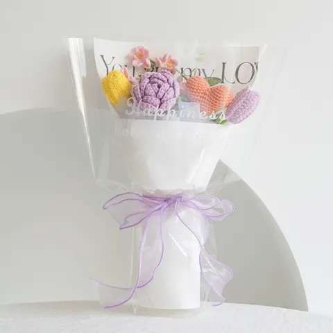 Handgemachte Häkelblumenstrauß Konservierte Rose Sonnenblume Geknüpfte Blumenarrangement Geschenk Für Valentinstag Heimdekoration