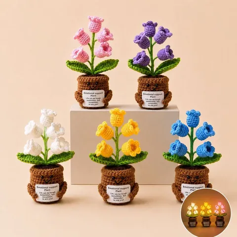 Handmade Crochet Lily Of The Valley Potted Plant LED Night Light Positive Emotional Support Knitted Flower Desk Decor