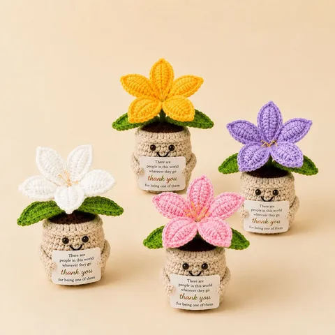 Handgemachte Geknotete Garn Lilie Blume Topfpflanze Süße Häkeln Künstliche Blumen Dekor Mit Ermutigung Karte Geschenk