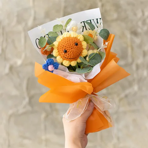 Bouquet de Tournesols Tricoté à la Main Boîte Cadeau Fleur Artificielle au Crochet Produit Fini Décoration d'Intérieur Cadeau Fête des Professeurs