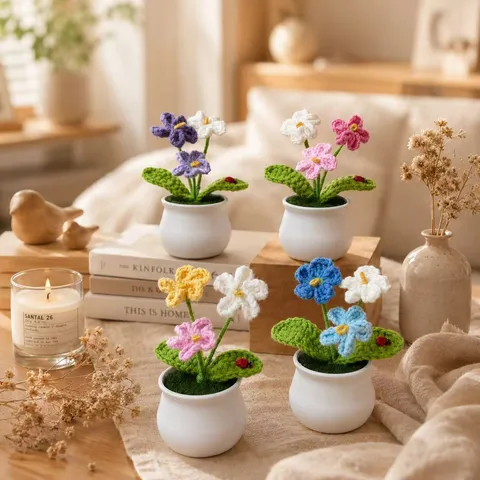 Handmade Crochet Forget-Me-Not Artificial Potted Plant Ceramic Pot Yarn Knitted Flower Bouquet Desk Ornament Home Office Table Decor