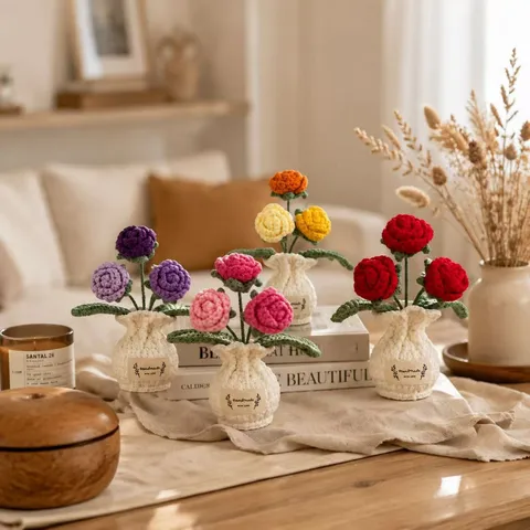 Flores Artificiales en Maceta de Ganchillo Hechas a Mano Rosa Tulipán de Punto Planta en Maceta Miniatura Adorno de Escritorio Regalo Hogar Oficina
