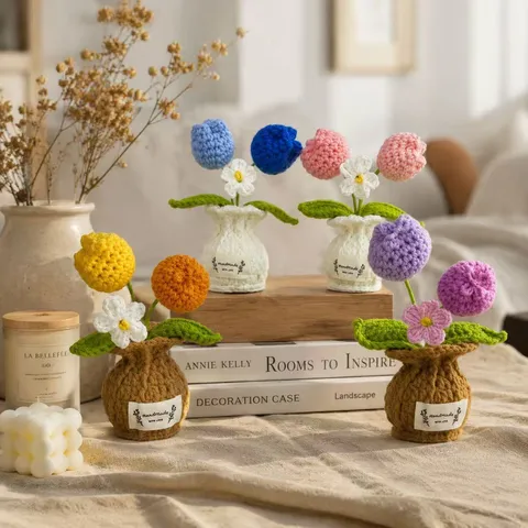 Planta en Maceta de Tulipán Rosa Tejida a Mano Flor de Simulación de Ganchillo Decoración de Escritorio Decoración en Maceta