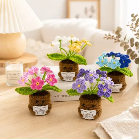Adorno de Planta Tejido a Mano Lindo Crochet Soporte Emocional Flor en Maceta Decoración de Escritorio Con Tarjeta Regalo