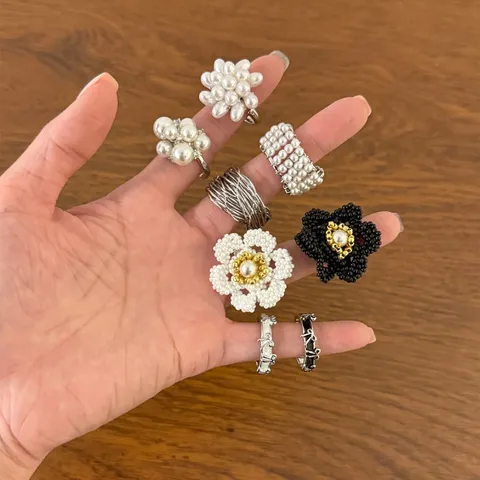 Koreanischer Ins-Stil Künstliche Perle Blume Offener Ring Personalisierte Zierliche Linie Schleife Fingerring Für Damen Schmuck Geschenk