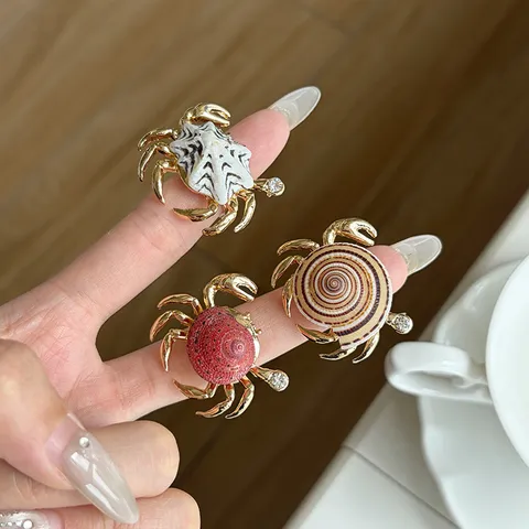 Ocean Style Crab Sea Snail Open Ring For Women Alloy Rhinestone Shell Adjustable Bohemian Jewelry Finger Ring Accessory