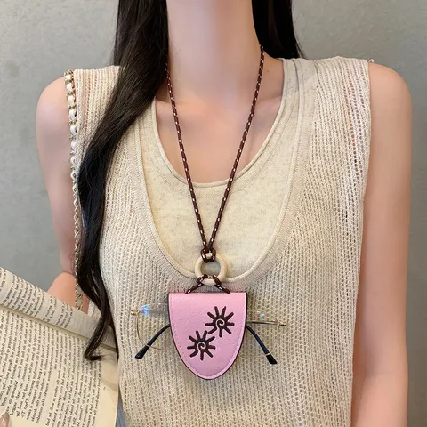 Embroidered Leather Sunflower Glasses Holder Necklace With Wooden Ring Woven Rope Sunglasses Lanyard For Women Vacation