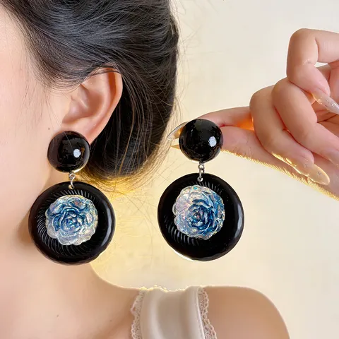 Vintage Geometric Wood Resin Flower Earrings For Women Niche Aesthetic Blue Flower Stud Earrings With 925 Sterling Silver Post