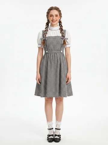Women Kids Cosplay Costume Polyester Plaid Dress Short Sleeve Pastoral Style Party Performance Outfit