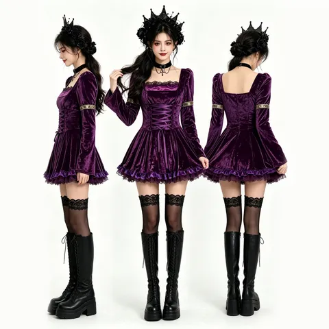 Gothic Dark Vampire Lace Velvet Dress Women Long Sleeve Square Neck Corset Party Halloween Performance Costume