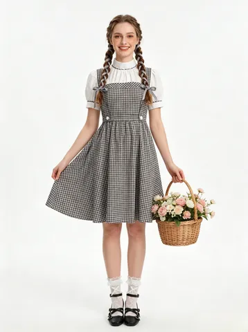 Women Kids Cosplay Costume Polyester Plaid Dress Short Sleeve Pastoral Style Party Performance Outfit