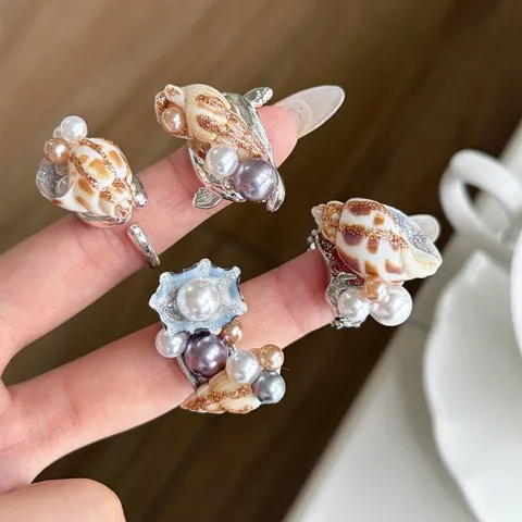 Urlaub Ozean Stil Meerschnecke Muschel Offener Ring Damen Künstliche Perle Legierung Stapelbar Verstellbarer Fingerring Design Schmuck Zubehör
