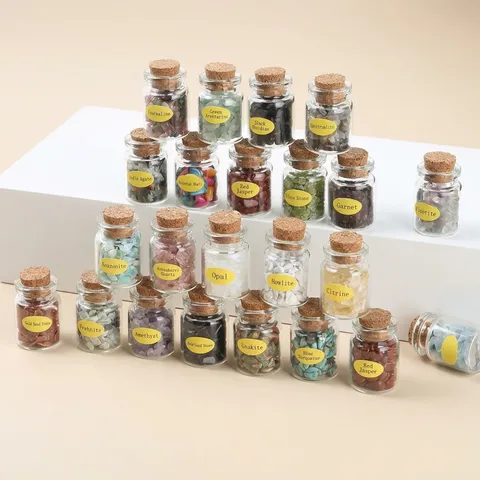 Natural Crystal Chip Wishing Bottle Mini Glass Jar With Cork Stopper Healing Quartz Stone Specimen Home Desk Decor Gift