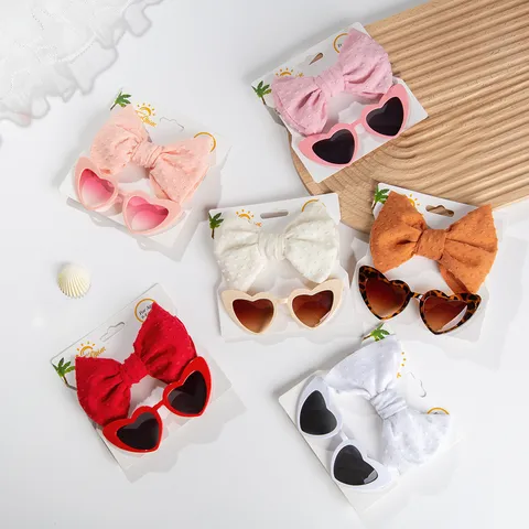 Gafas de Sol Retro de Corazón y Conjunto de Diadema con Lazo de Lunares para Niños Moda Niñas Niños Pequeños Gafas de Corazón Accesorios Regalo