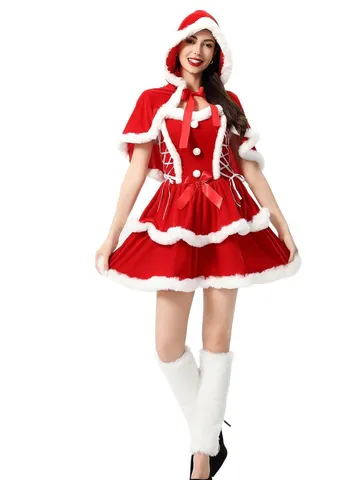 Mujeres Navidad Santa Cosplay Disfraz Sweet Lolita Vestido de Terciopelo Capa Sombrero Fiesta Festiva Traje
