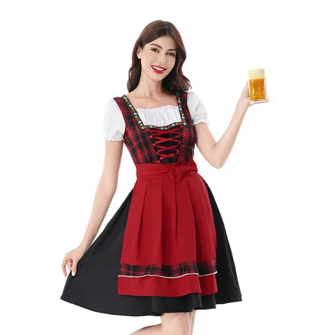 Women Traditional German Oktoberfest Costume Bavarian Dirndl Red Plaid Dress Short Sleeve Blouse With Apron Carnival Party