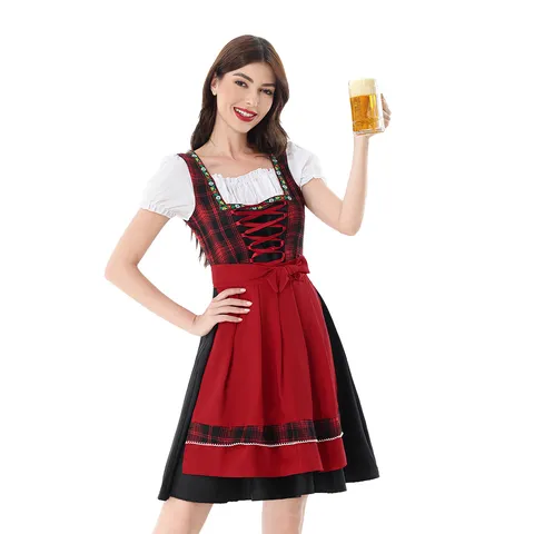 Women Traditional German Oktoberfest Costume Bavarian Dirndl Red Plaid Dress Short Sleeve Blouse With Apron Carnival Party