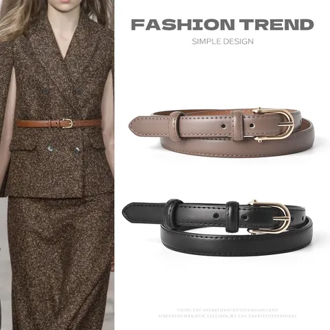 Minimalist Genuine Leather Women Belt D-Shaped Alloy Pin Buckle Casual Versatile Thin Waist Belt For Jeans Dresses Fashion