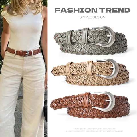Vintage Handmade Woven Belt For Women Casual Jeans Skirt Leather Waistband Metal Pin Buckle Fashion Accessories
