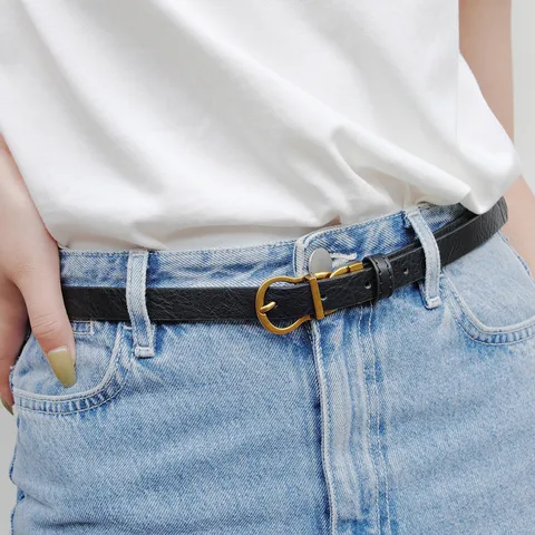 Women Genuine Leather Belt Minimalist Retro Metal Buckle Slim Waist Belt Casual OL Fashion Dress Pants Waistband
