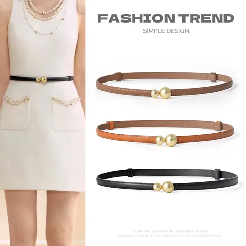 Women Genuine Leather Belt Minimalist Metal Double Ball Buckle Fashionable Versatile Waist Band For Pants Dress