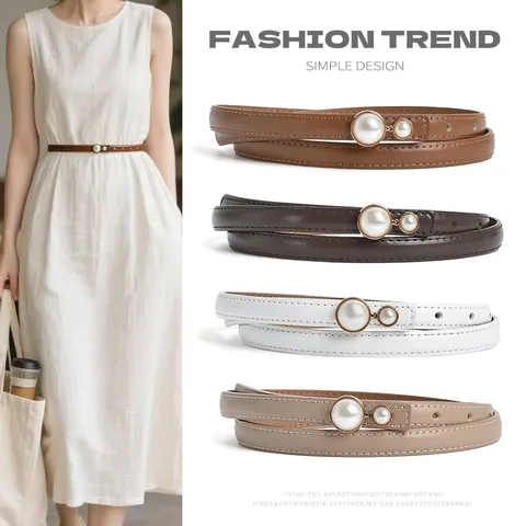 Women Genuine Leather Skinny Belt Dress Waist Decorative Pearl Buckle Versatile Casual Fashion Waistband