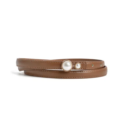 Women Genuine Leather Skinny Belt Dress Waist Decorative Pearl Buckle Versatile Casual Fashion Waistband