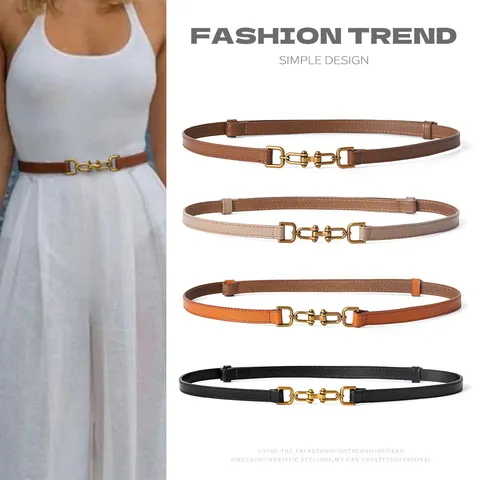 Women's Genuine Leather Skinny Belt Minimalist Dress Waist Belt With Alloy Buckle For Ladies Casual Suit Coat Pants