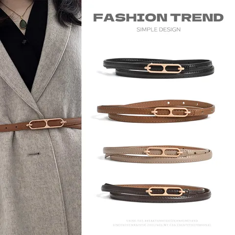 Women Genuine Leather Thin Dress Belt Minimalist Metal Buckle Adjustable Waist Belt For Ladies Suit Skirt Accessories