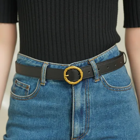 Women Casual Genuine Leather Belt Retro Metal Round Pin Buckle Fashion Waist Belt For Daily Commute Versatile Accessory
