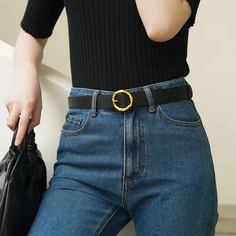 Women Casual Genuine Leather Belt Retro Metal Round Pin Buckle Fashion Waist Belt For Daily Commute Versatile Accessory