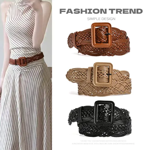 Handmade Woven Wide Belt For Women Casual Dress Solid Color PU Leather Pin Buckle Waistband